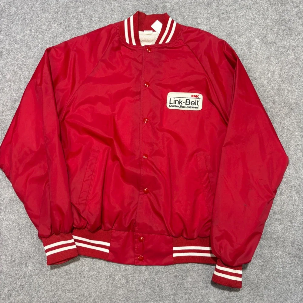 Vintage Link-Belt Construction Equipment Red Nylon Bomber Jacket Mens Large USA